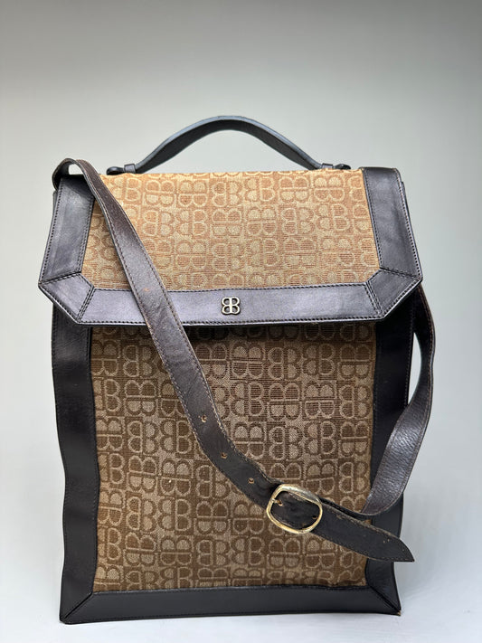 Vintage Balenciaga BB Monogram Canvas Tote Tan Brown
