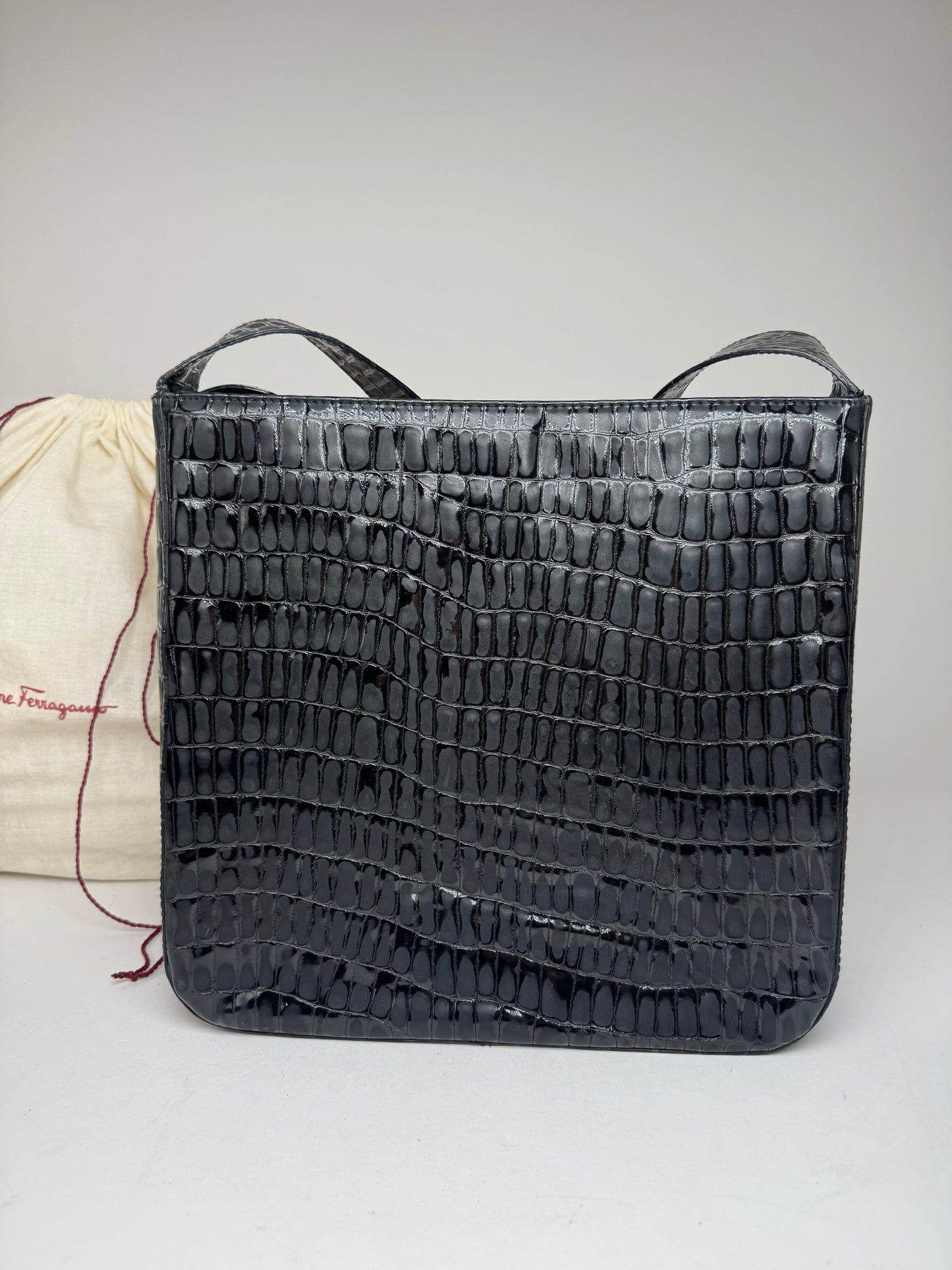 Vintage Salvatore Ferragamo Crocodile Emblossed Leather Bag Black