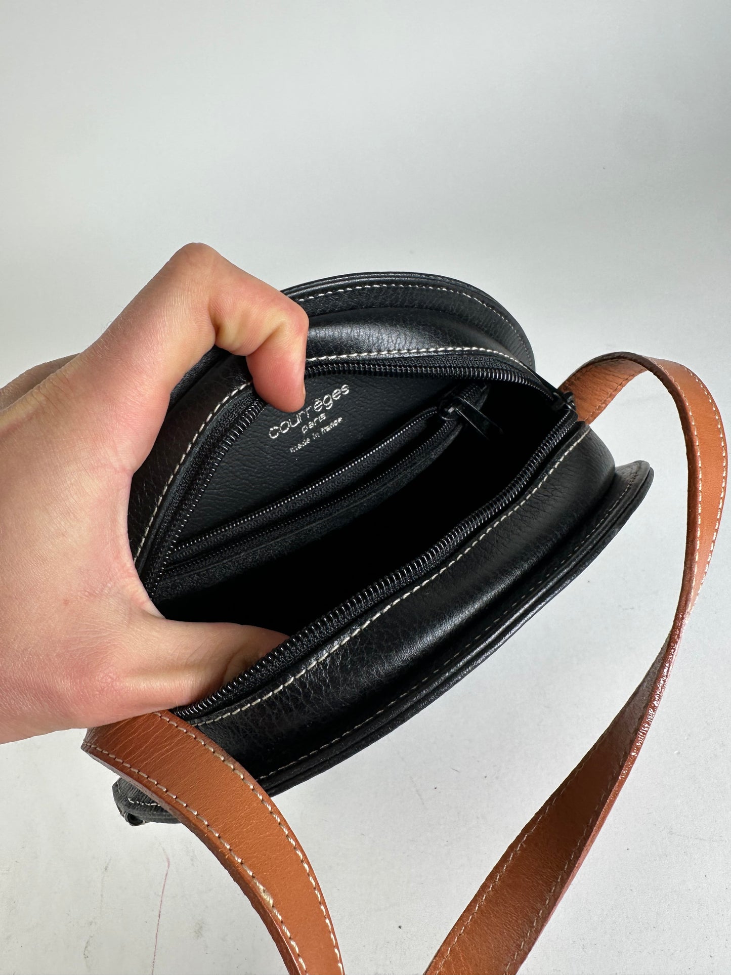 Vintage Courrèges Round Leather Crossbody Bag Black Brown