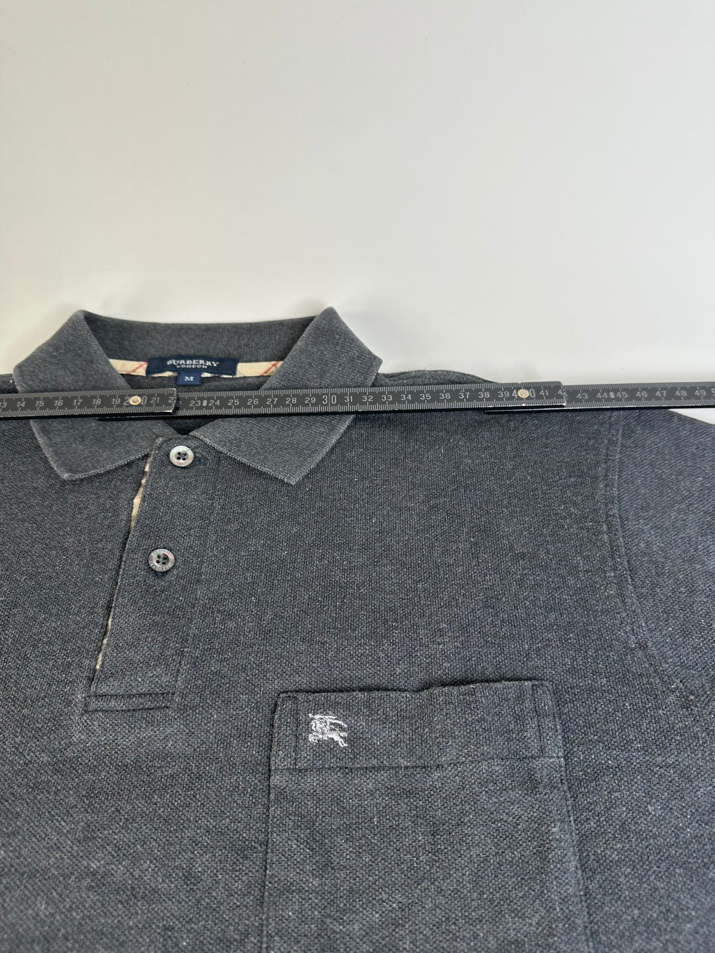 Vintage Burberry Men's Cotton Long Sleeve Polo Shirt Charcoal Grey M