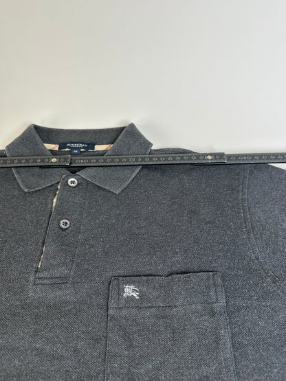 Vintage Burberry Men's Cotton Long Sleeve Polo Shirt Charcoal Grey M