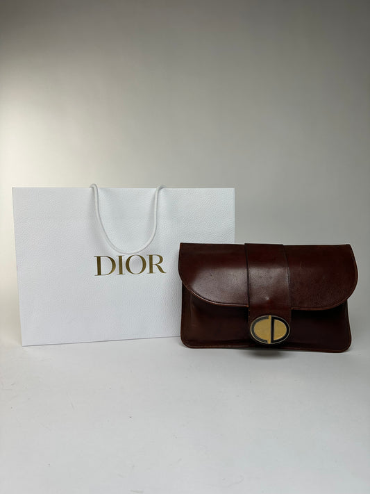Vintage Dior Grained Leather Flap Clutch Late 1970s Brown