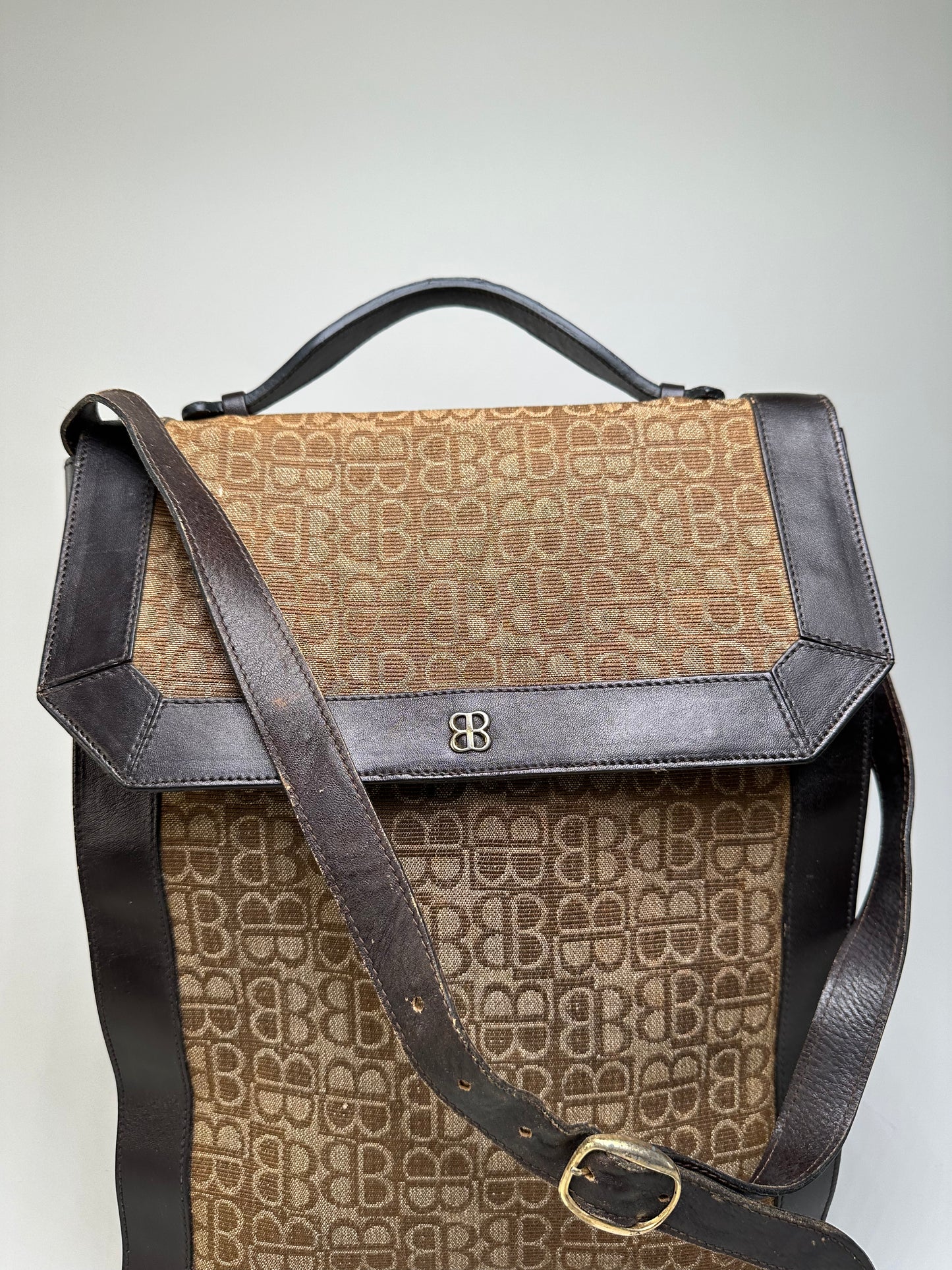 Vintage Balenciaga BB Monogram Canvas Tote Tan Brown