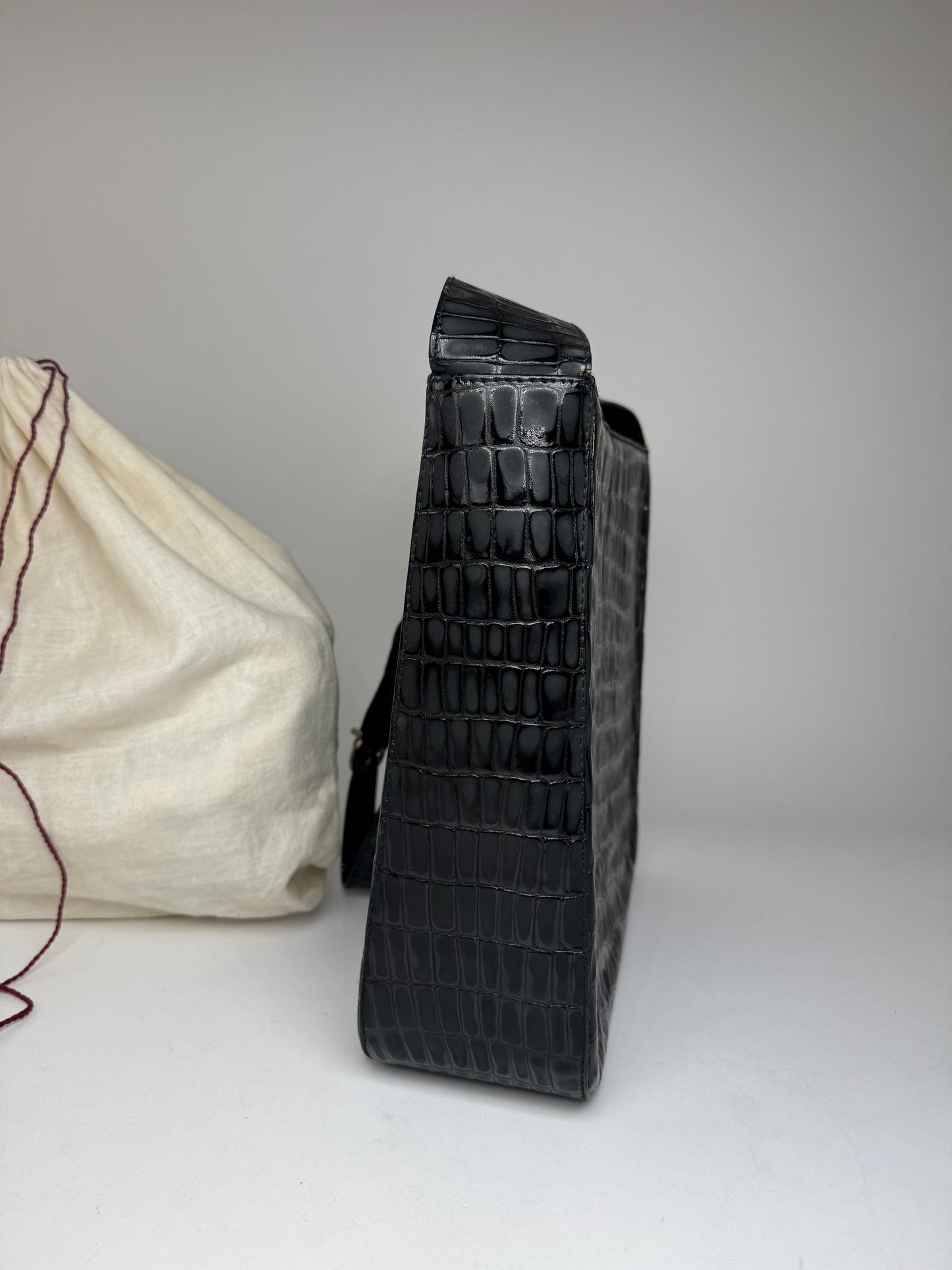 Vintage Salvatore Ferragamo Crocodile Emblossed Leather Bag Black
