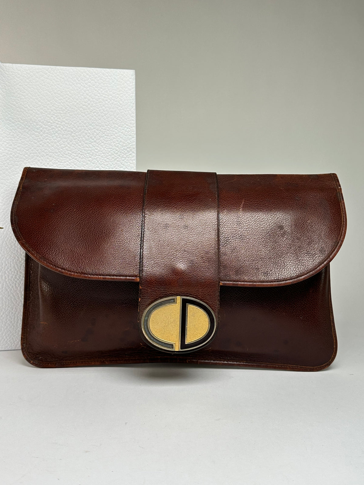 Vintage Dior Grained Leather Flap Clutch Late 1970s Brown