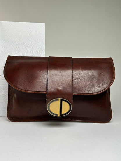 Vintage Dior Grained Leather Flap Clutch Late 1970s Brown
