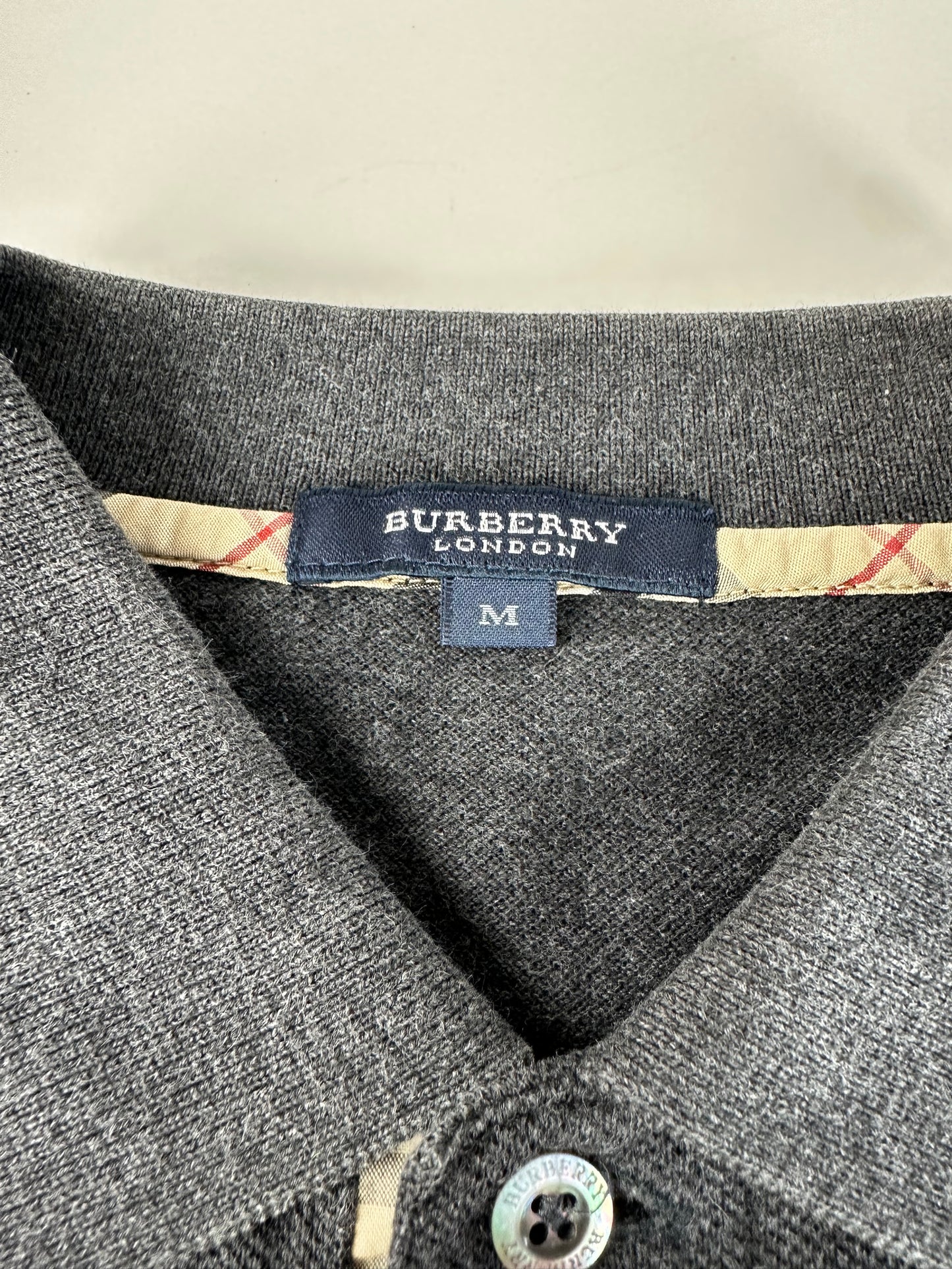 Vintage Burberry Men's Cotton Long Sleeve Polo Shirt Charcoal Grey M