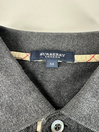 Vintage Burberry Men's Cotton Long Sleeve Polo Shirt Charcoal Grey M