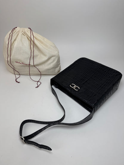 Vintage Salvatore Ferragamo Crocodile Emblossed Leather Bag Black