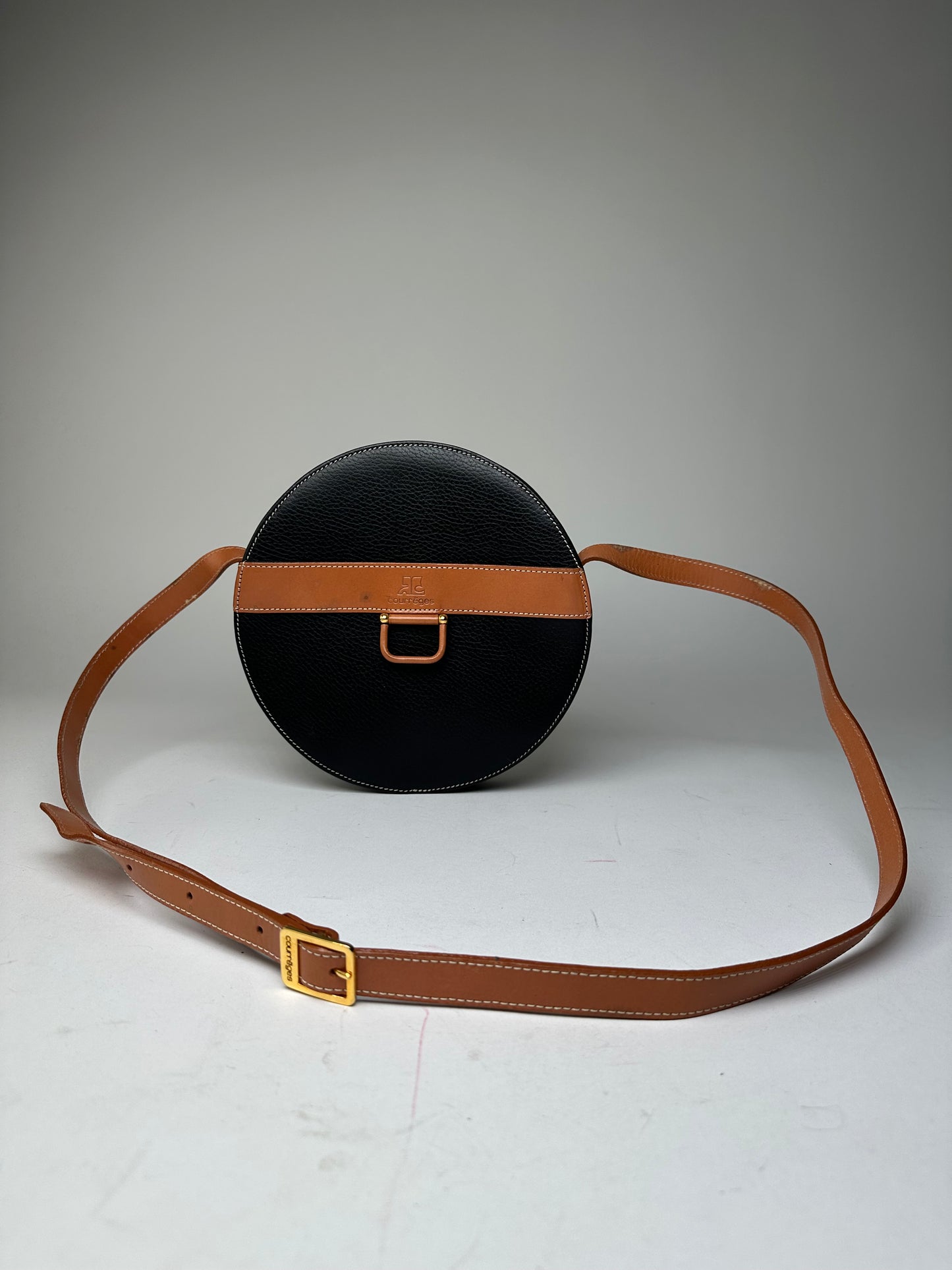Vintage Courrèges Round Leather Crossbody Bag Black Brown
