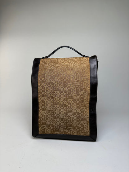 Vintage Balenciaga BB Monogram Canvas Tote Tan Brown