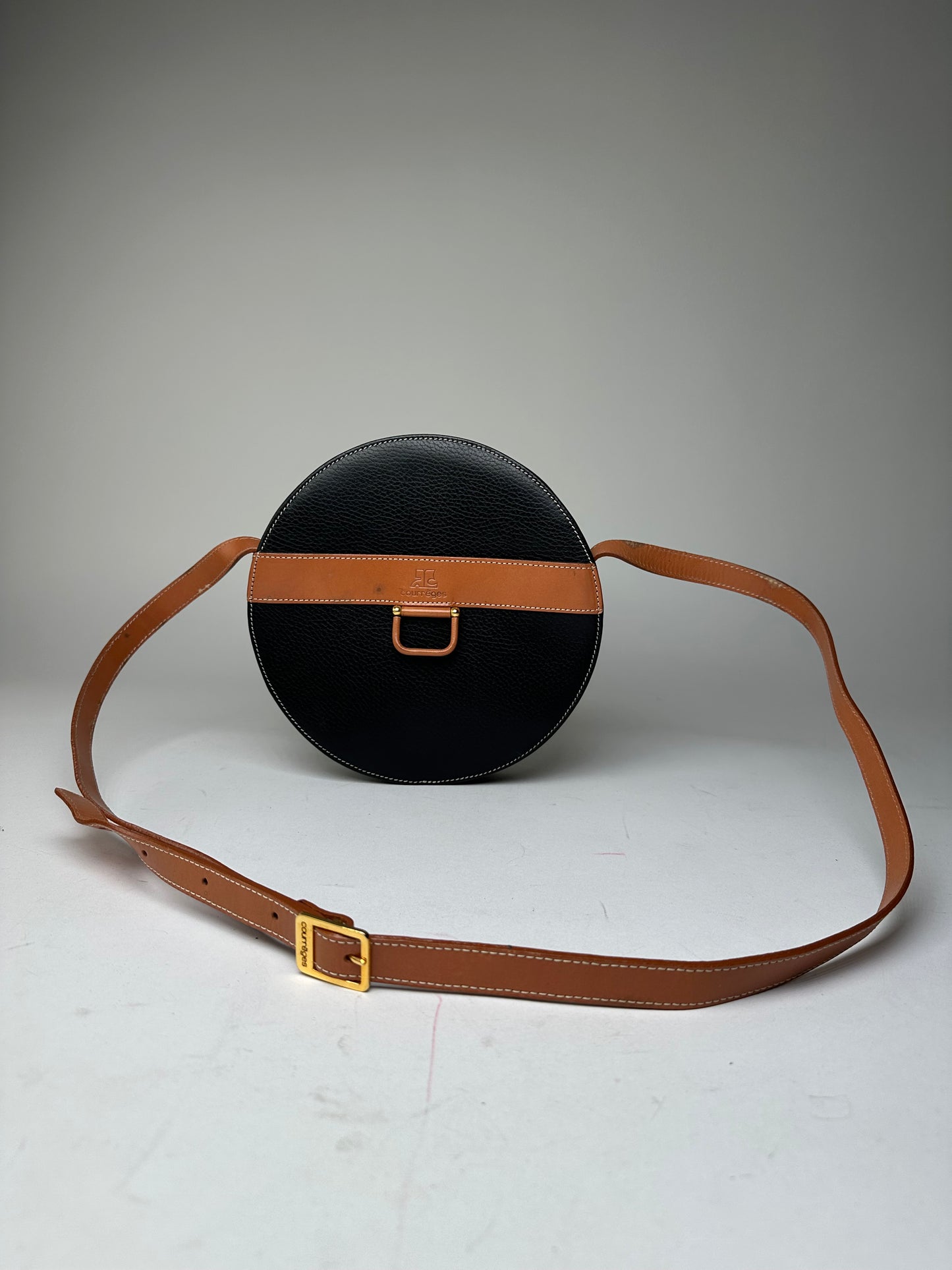 Vintage Courrèges Round Leather Crossbody Bag Black Brown