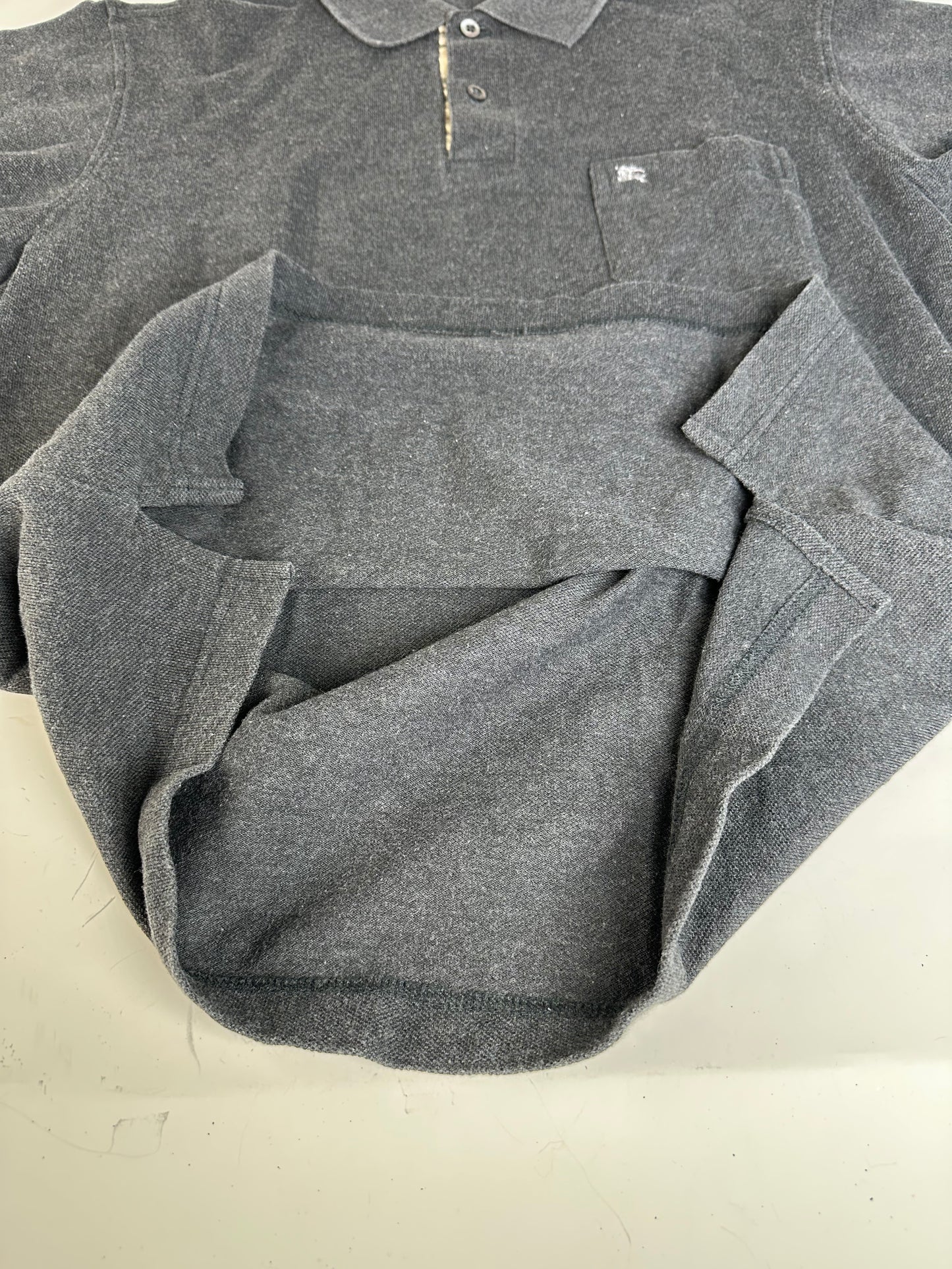 Vintage Burberry Men's Cotton Long Sleeve Polo Shirt Charcoal Grey M