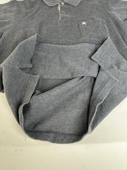 Vintage Burberry Men's Cotton Long Sleeve Polo Shirt Charcoal Grey M