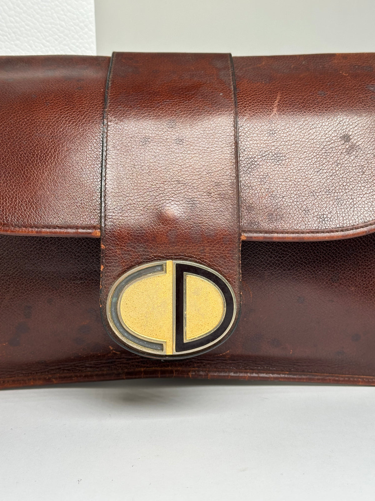 Vintage Dior Grained Leather Flap Clutch Late 1970s Brown