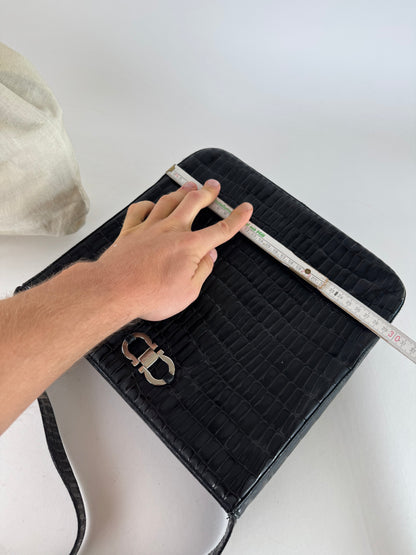 Vintage Salvatore Ferragamo Crocodile Emblossed Leather Bag Black