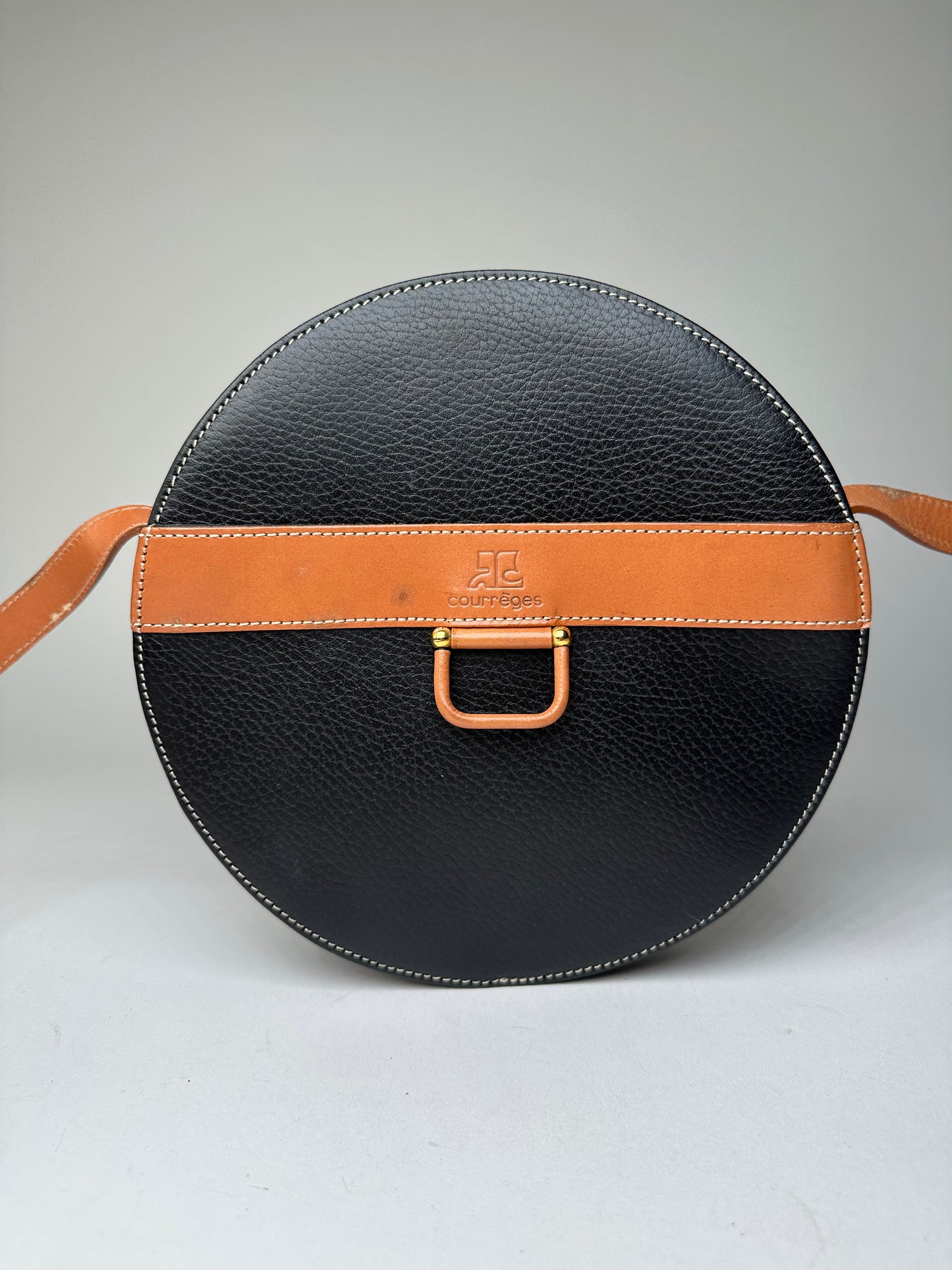 Vintage Courrèges Round Leather Crossbody Bag Black Brown