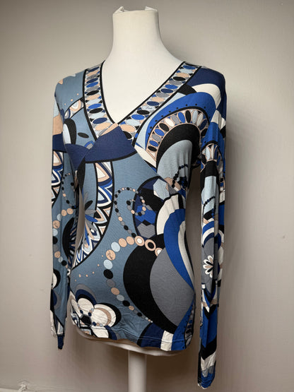 Vintage Emilio Pucci Abstract V Neck Viscose Sweater Blue 38/M
