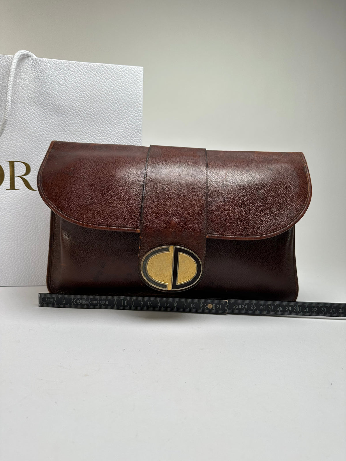 Vintage Dior Grained Leather Flap Clutch Late 1970s Brown
