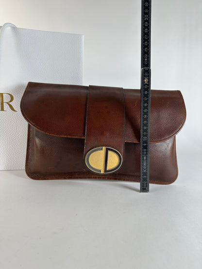 Vintage Dior Grained Leather Flap Clutch Late 1970s Brown