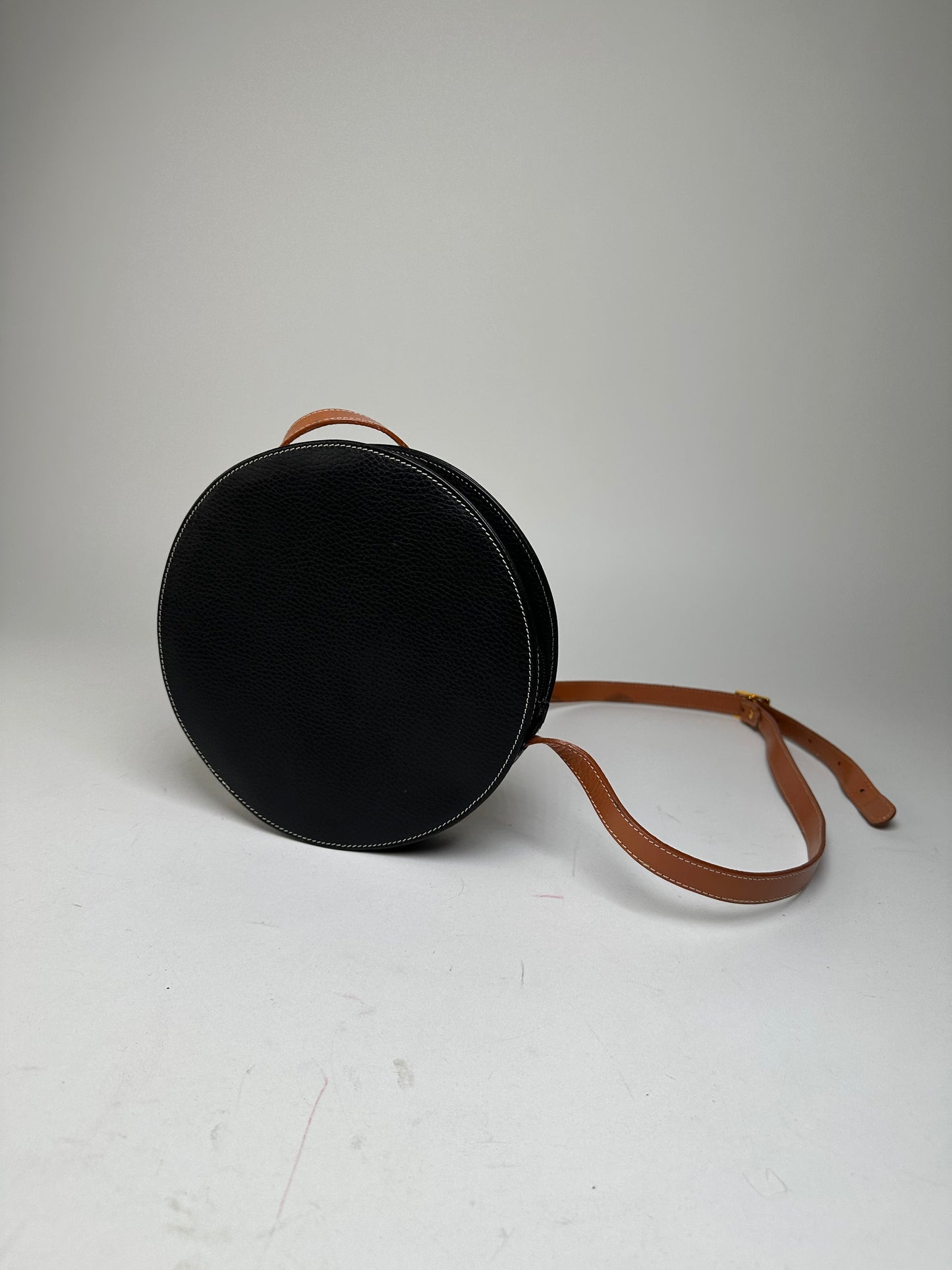 Vintage Courrèges Round Leather Crossbody Bag Black Brown
