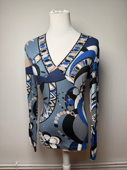 Vintage Emilio Pucci Abstract V Neck Viscose Sweater Blue 38/M