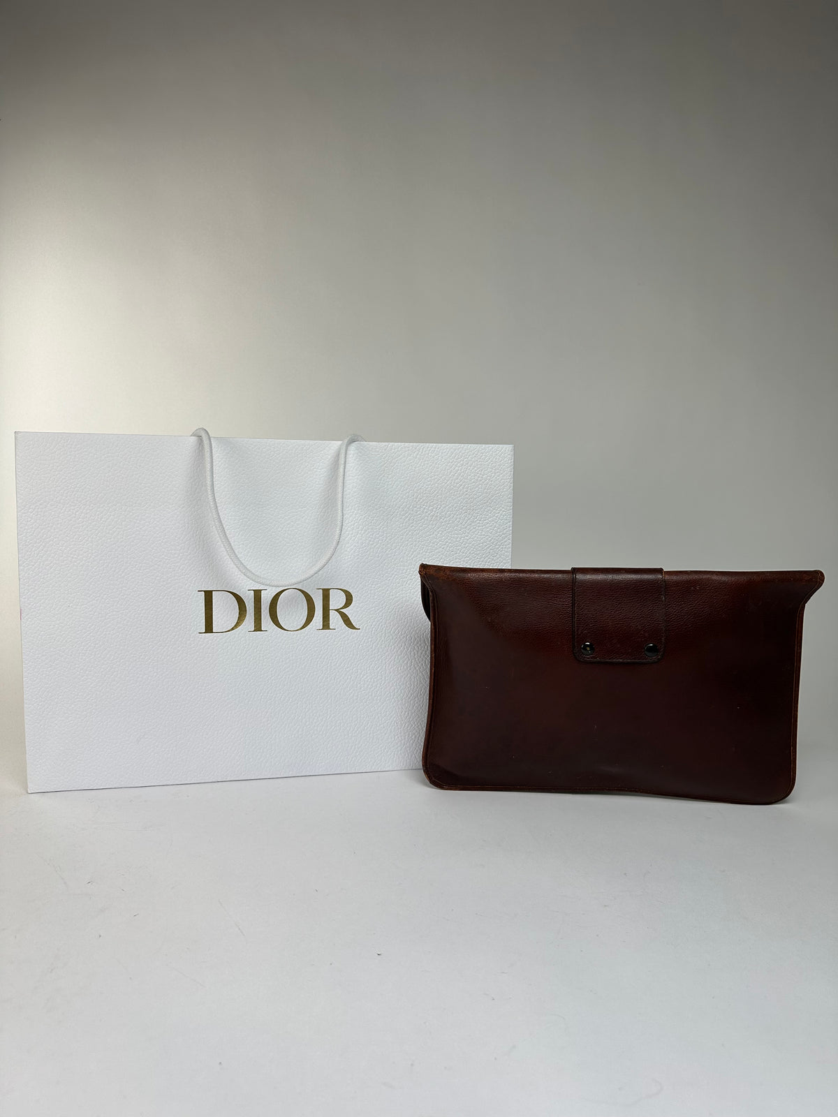 Vintage Dior Grained Leather Flap Clutch Late 1970s Brown