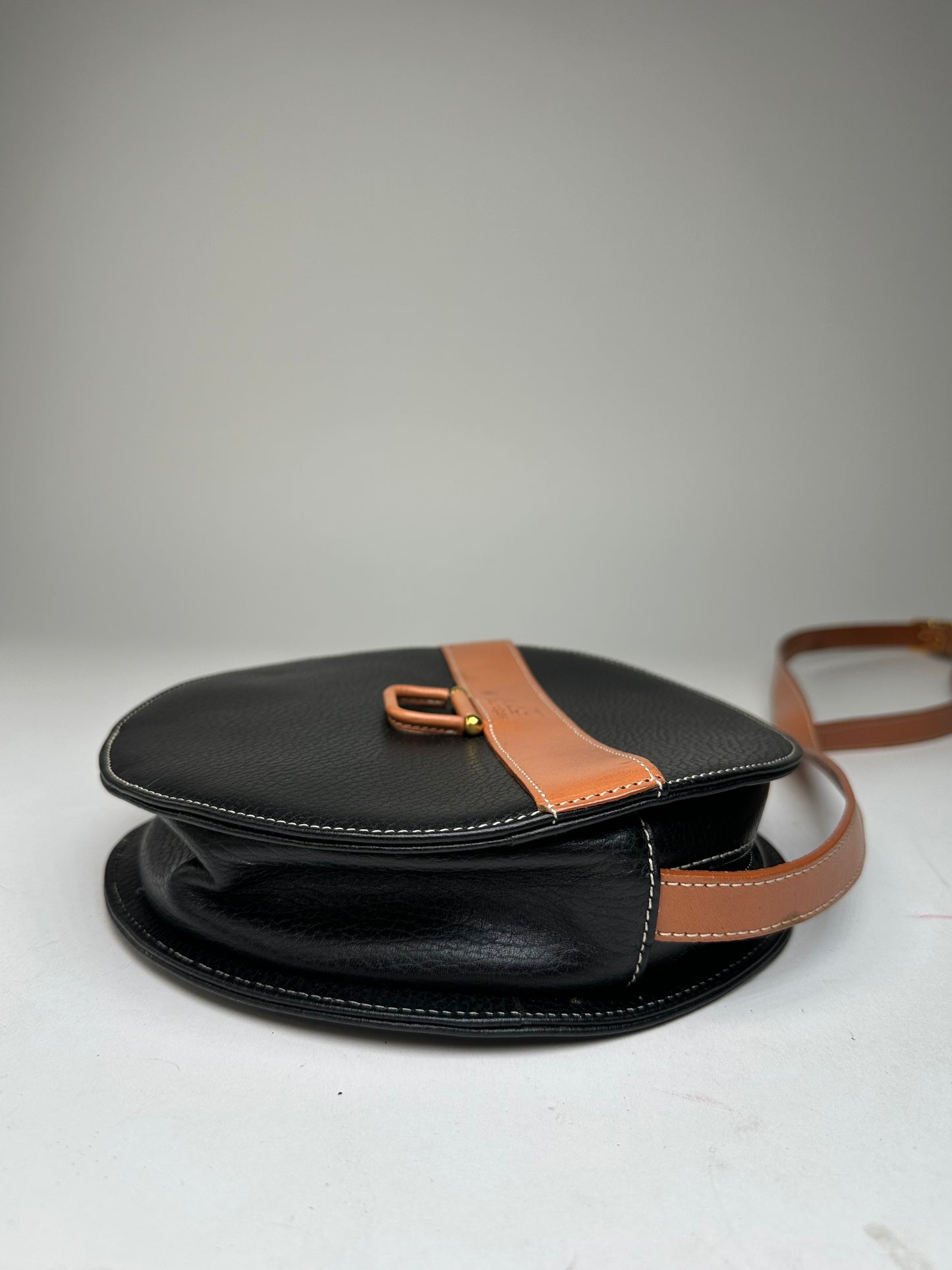 Vintage Courrèges Round Leather Crossbody Bag Black Brown