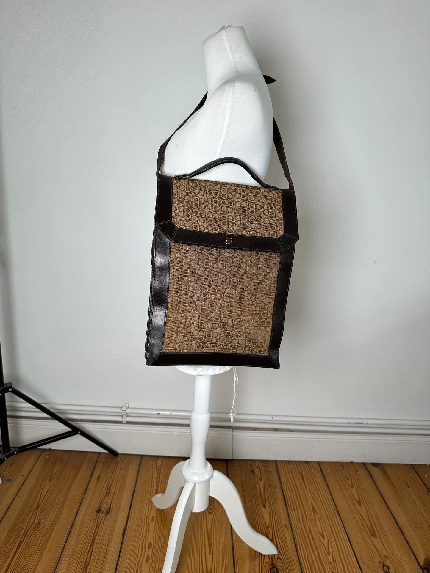 Vintage Balenciaga BB Monogram Canvas Tote Tan Brown