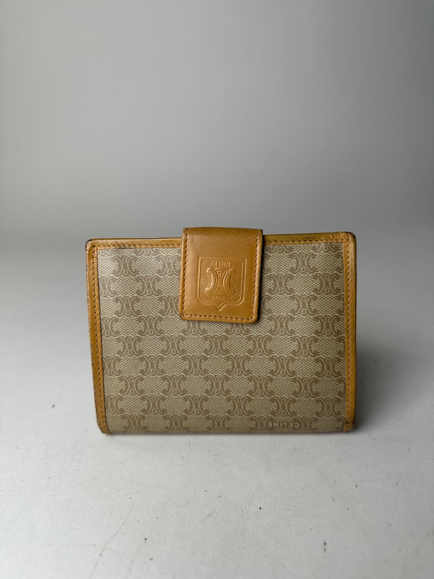 Vintage Celine Paris Triomphe Leather Wallet Beige Brown