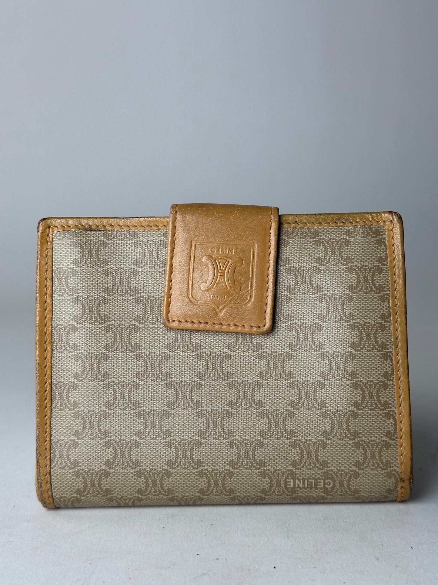 Vintage Celine Paris Triomphe Leather Wallet Beige Brown