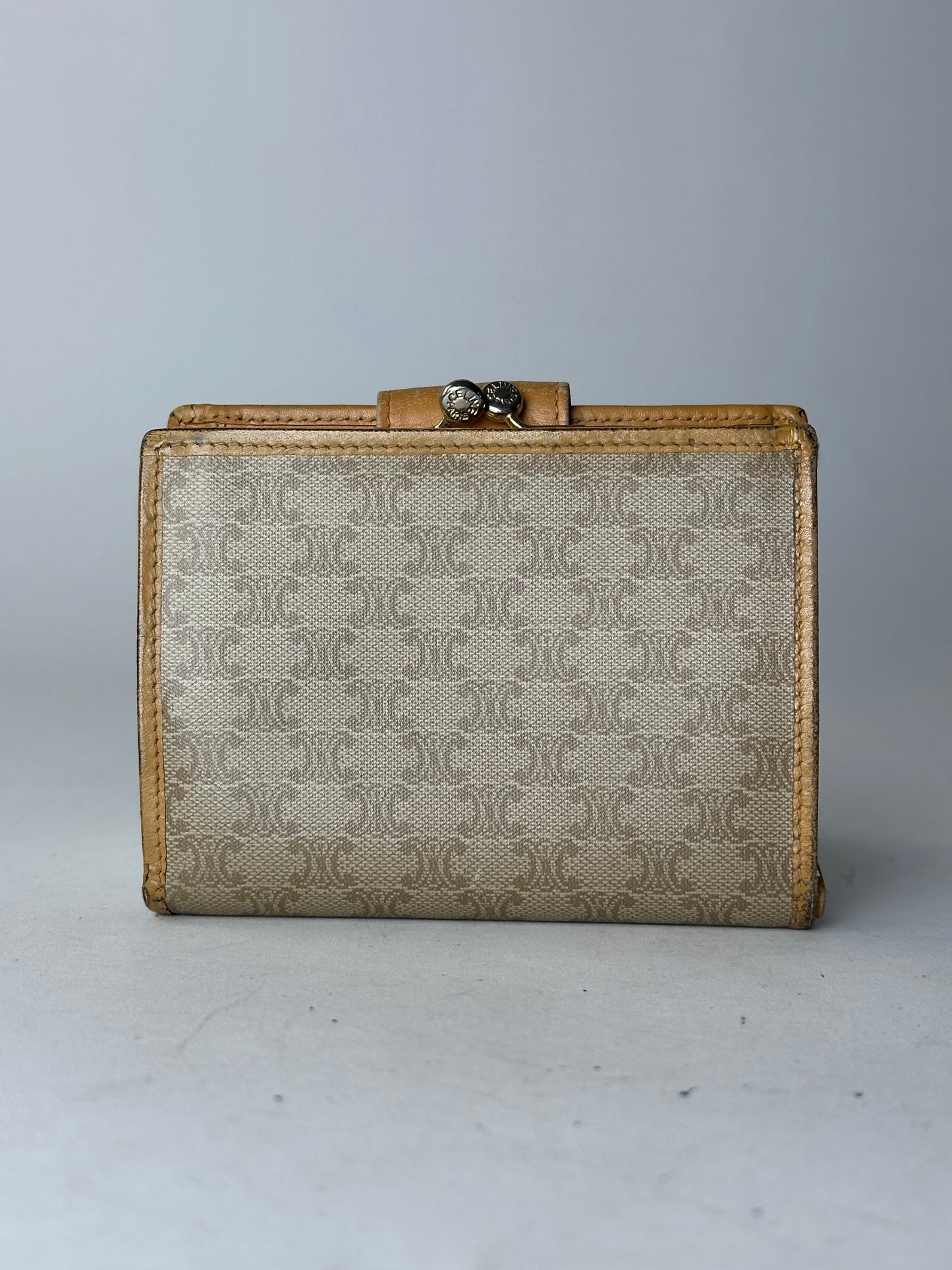 Vintage Celine Paris Triomphe Leather Wallet Beige Brown