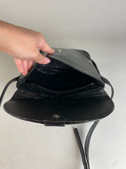 Vintage Courreges Croc-Embossed Leather Crossbody Bag Black