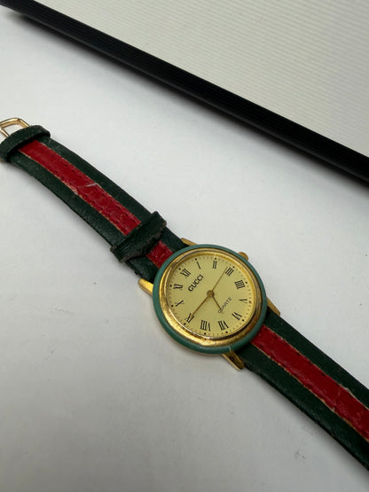 Vintage Gucci Quartz Watch Gold Green Red Stripe c. Late 1980s