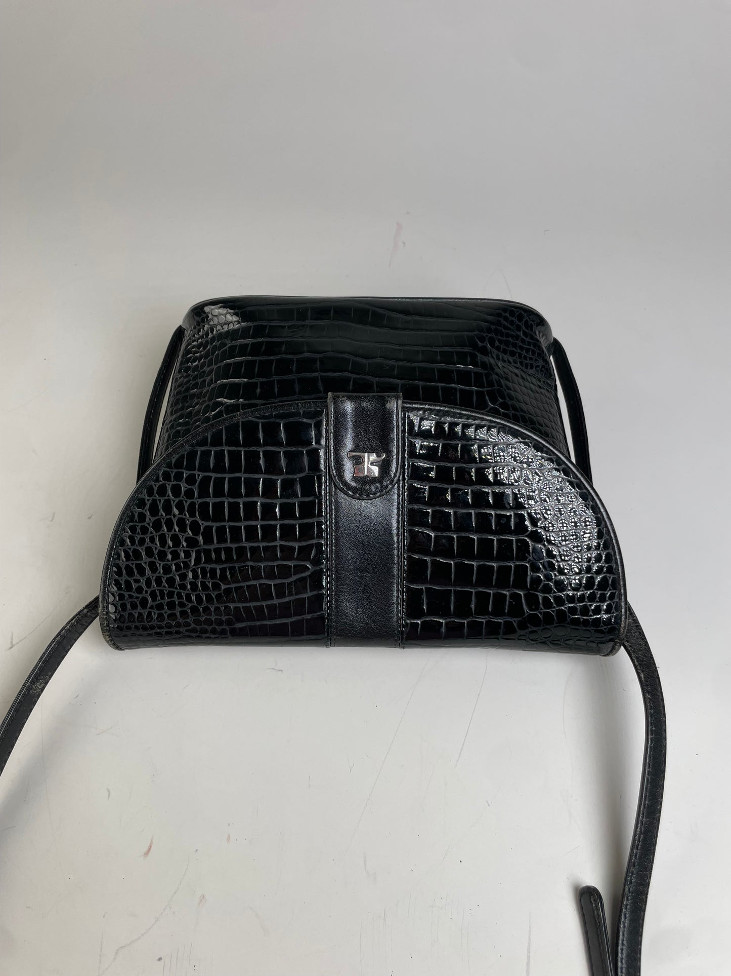 Vintage Courreges Croc-Embossed Leather Crossbody Bag Black