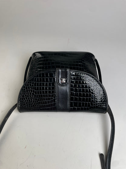 Vintage Courreges Croc-Embossed Leather Crossbody Bag Black