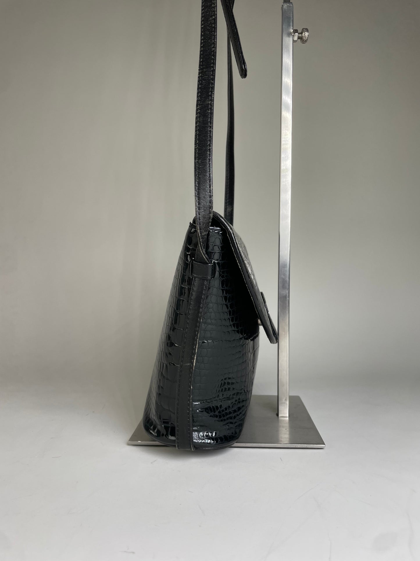 Vintage Courreges Croc-Embossed Leather Crossbody Bag Black