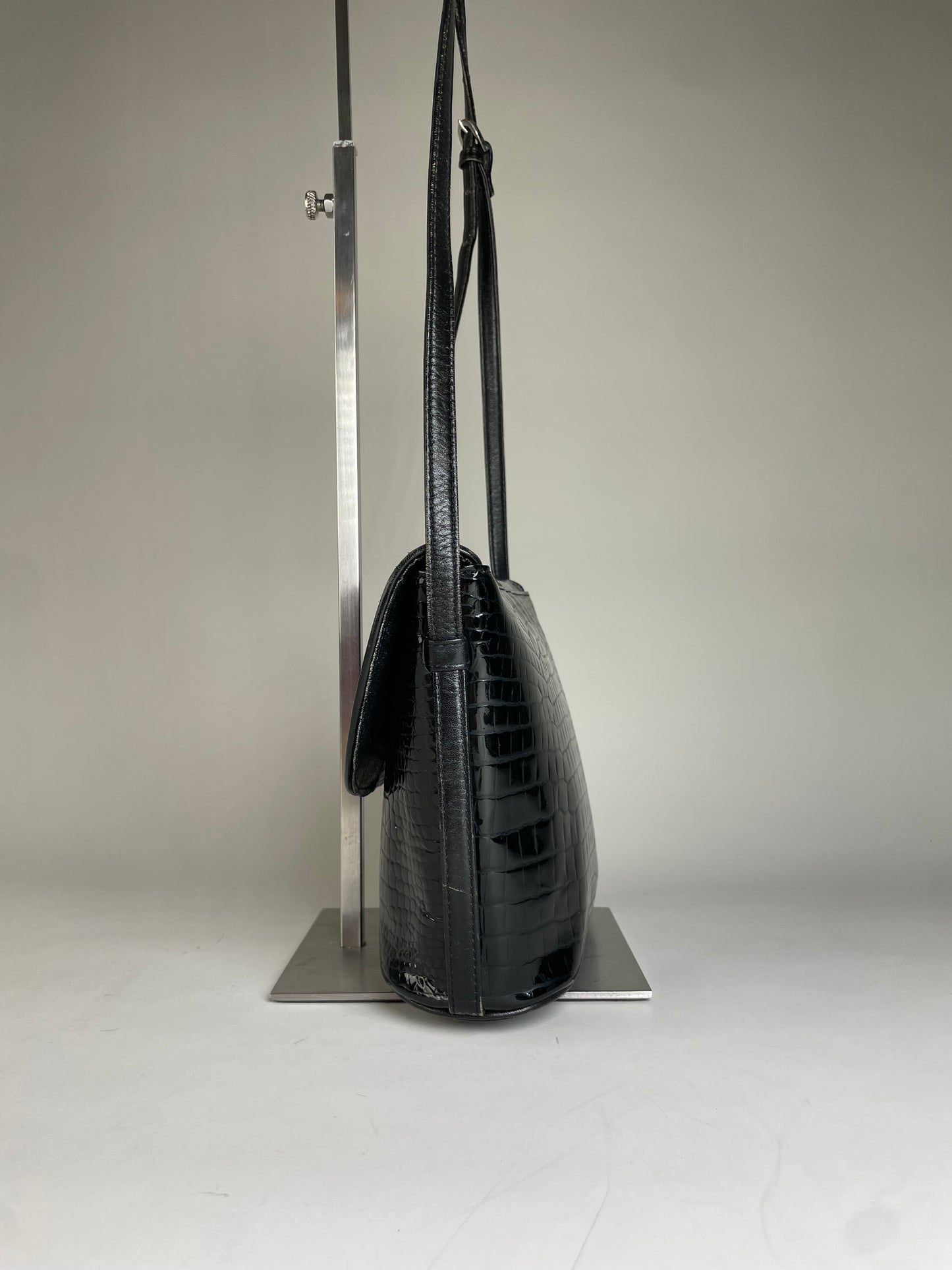 Vintage Courreges Croc-Embossed Leather Crossbody Bag Black