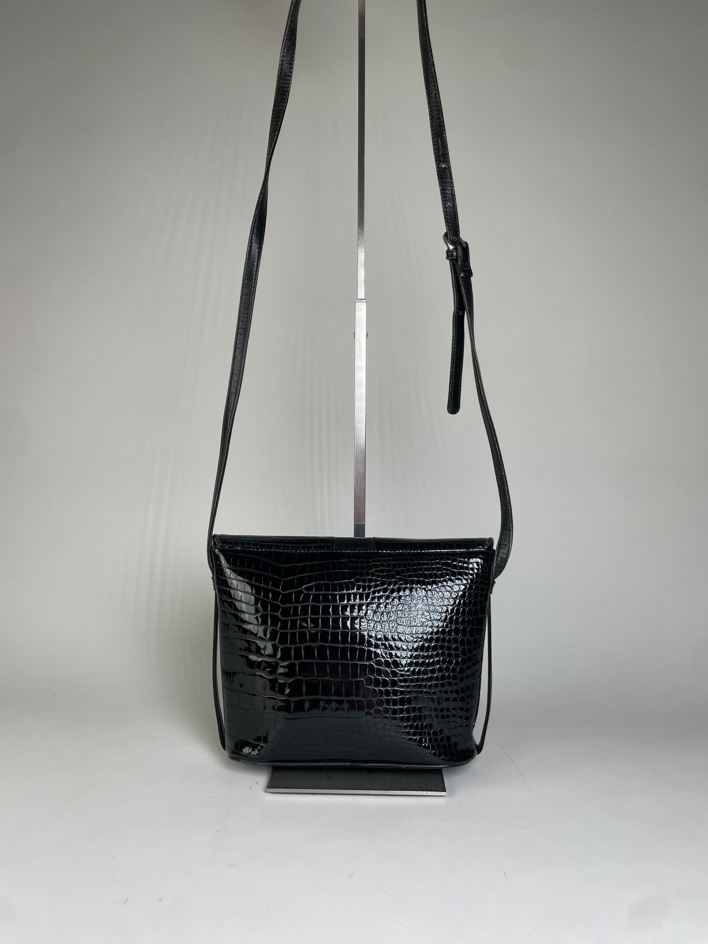 Vintage Courreges Croc-Embossed Leather Crossbody Bag Black