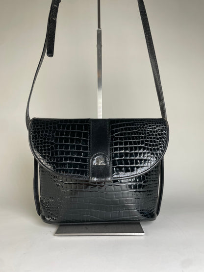 Vintage Courreges Croc-Embossed Leather Crossbody Bag Black