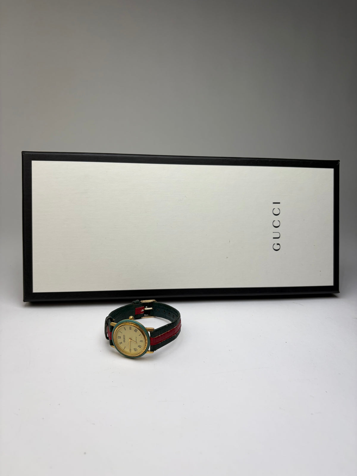 Vintage Gucci Quartz Watch Gold Green Red Stripe c. Late 1980s