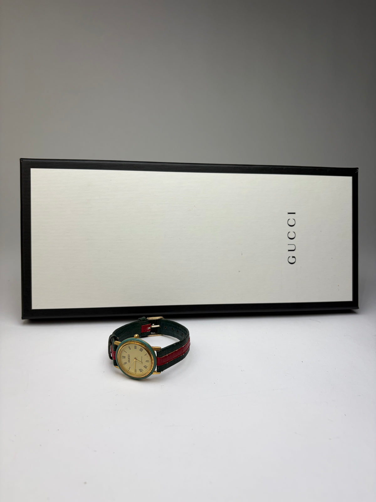 Vintage Gucci Quartz Watch Gold Green Red Stripe c. Late 1980s