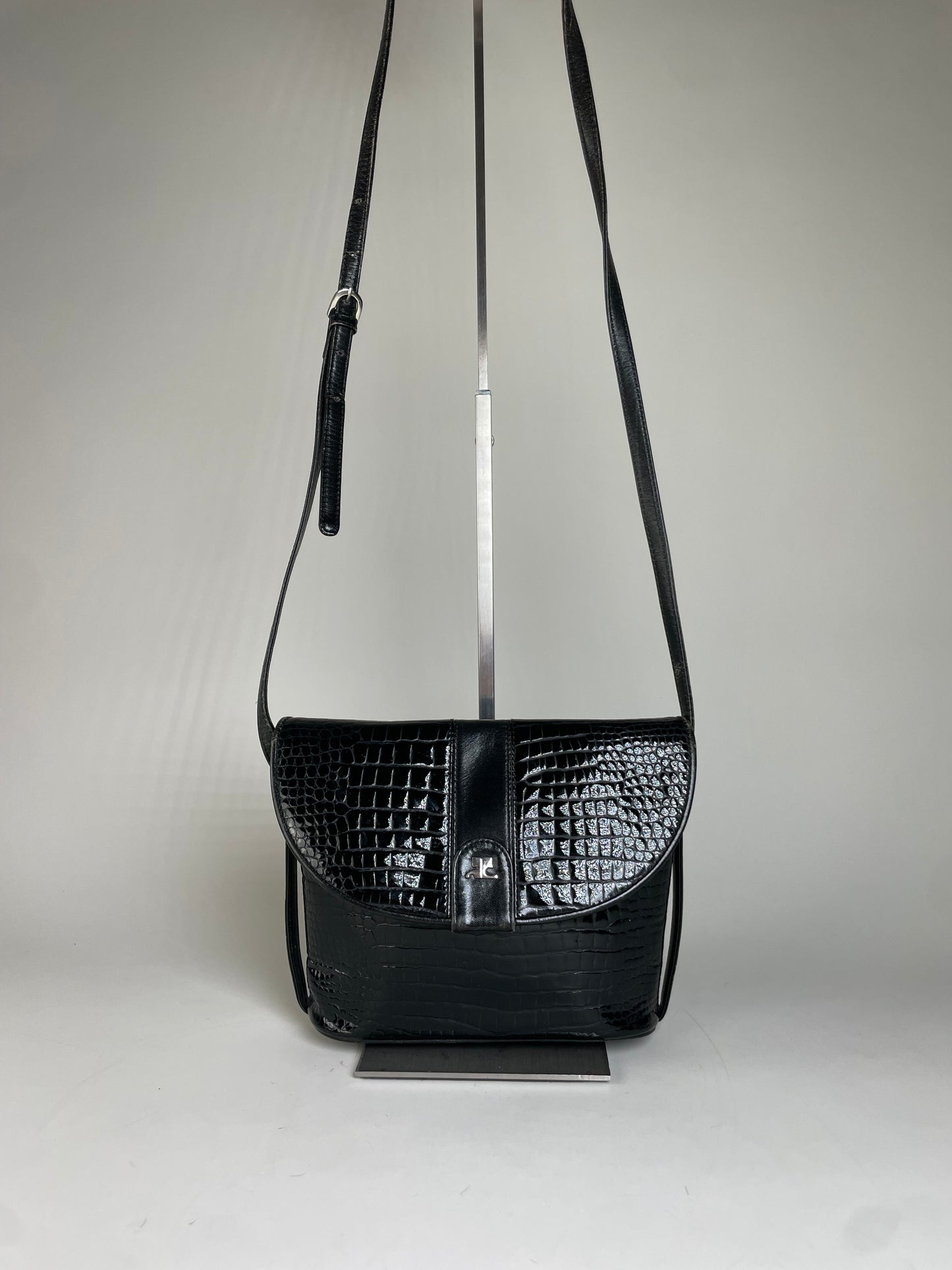 Vintage Courreges Croc-Embossed Leather Crossbody Bag Black