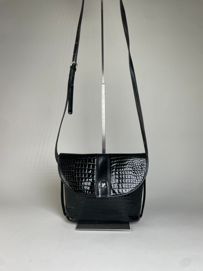 Vintage Courreges Croc-Embossed Leather Crossbody Bag Black