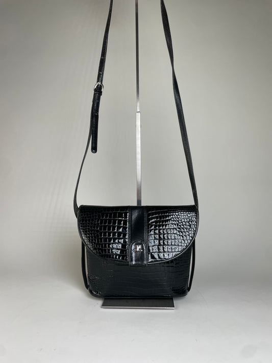 Vintage Courreges Croc-Embossed Leather Crossbody Bag Black