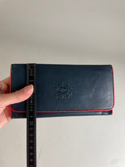 Vintage Chloe Leather Wallet Navy Red Gold-tone