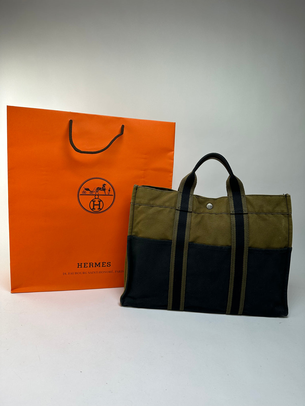 Vintage Hermès Troca Canvas Tote Late 1990s Olive Black