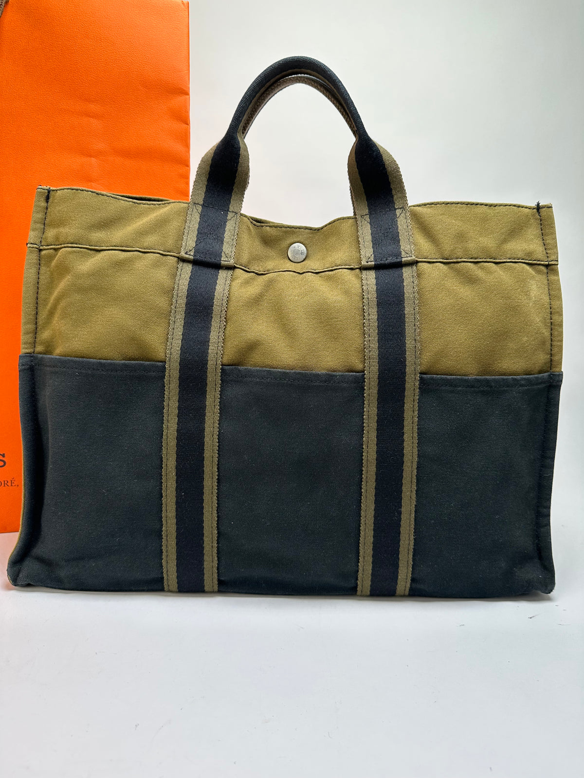 Vintage Hermès Troca Canvas Tote Late 1990s Olive Black