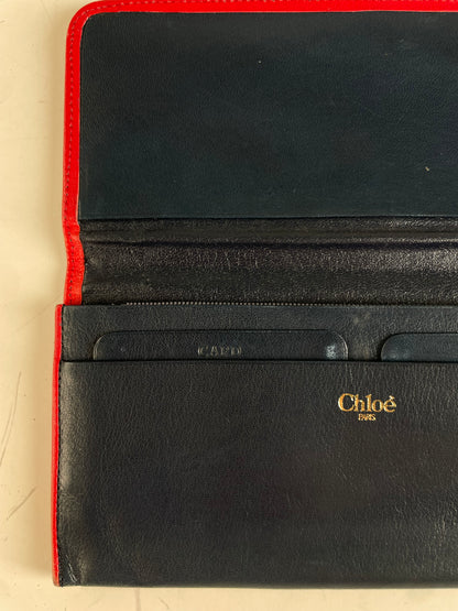 Vintage Chloe Leather Wallet Navy Red Gold-tone