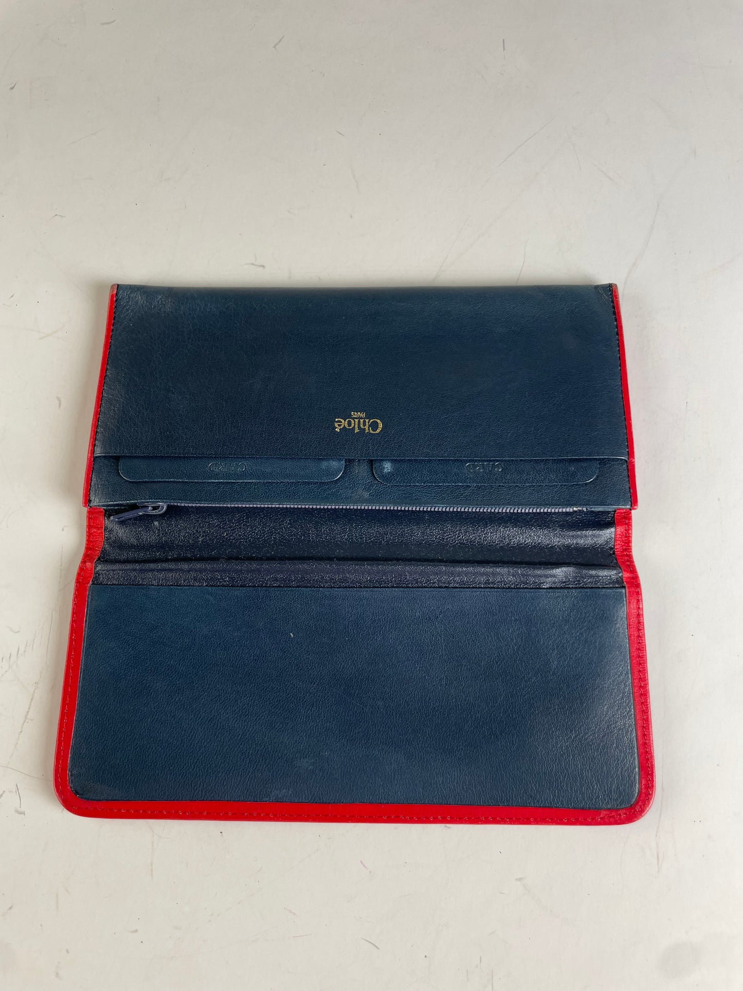 Vintage Chloe Leather Wallet Navy Red Gold-tone